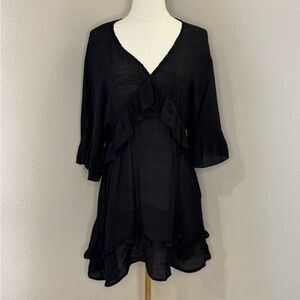 Black Sheer Swim Cover Up Small Ruffle V Neck Beach Dress NWT
